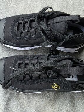 Chanel Black Fabric & Leather Sneakers with Gold CC Accent